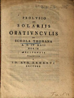 Prolvsio De Solariis : Orativncvlis In Schola Thomana A. D. IV Maii Hor. IX Recitandis Praemissa