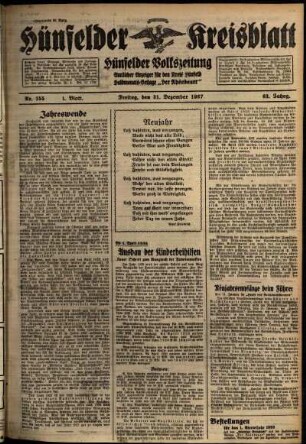 Erste Ausgabe vom Freitag, den 31. Dezember 1937.