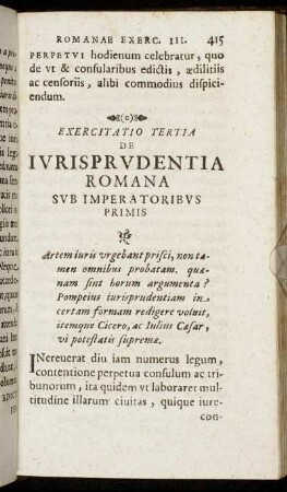 Exercitatio Tertia De Iurisprudentia Romana Sub Imperatoribus Primis.