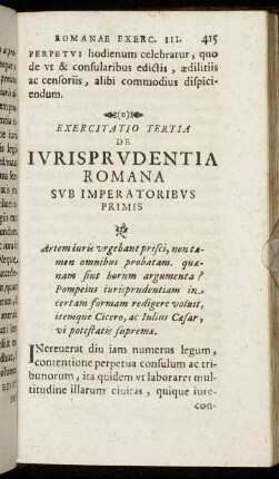 Exercitatio Tertia De Iurisprudentia Romana Sub Imperatoribus Primis.