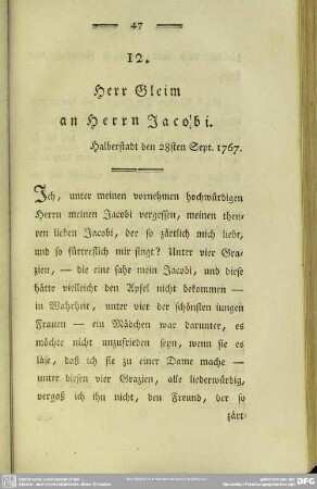 12. Herr Gleim an Herrn Jacobi. Halberstadt den 28sten Sept. 1767