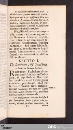 Sectio I. De Sanitate, & Sanctitate hodiernæ Romanæ Ecclesiæ.