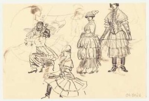 Kostümstudien : Vier weibliche Figuren, ein Kind in historisierender Kleidung