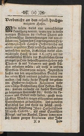 Vorbericht an den respect. hochgeneigten Leser