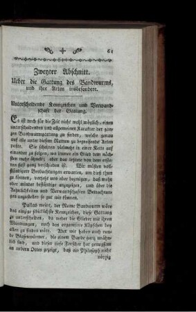 Zweyter Abschnitt. Ueber die Gattung des Bandwurms, und ihre Arten insbesondere.