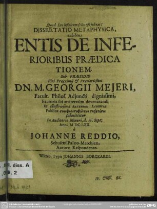 Dissertatio metaphysica exhibens entis de inferioribus praedicationem
