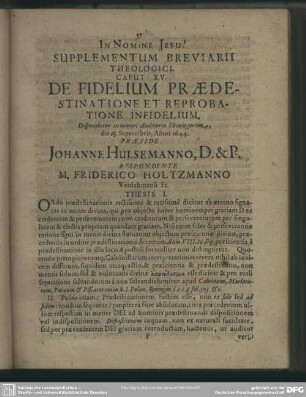 Caput XV. De Fidelium Praedestinatione Et Reprobatione Infidelium
