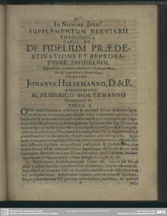 Caput XV. De Fidelium Praedestinatione Et Reprobatione Infidelium