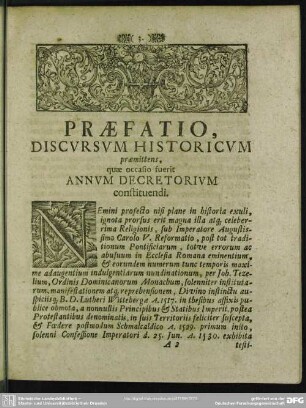 Praefatio, Discursum Historicum praemittens, quae occasio fuerit Annum Decretorium constituendi