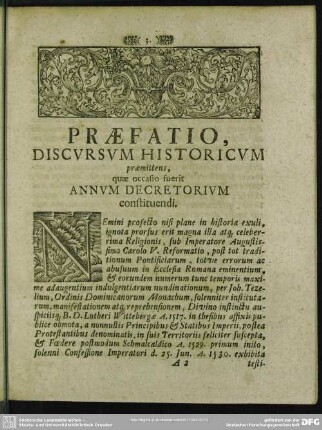 Praefatio, Discursum Historicum praemittens, quae occasio fuerit Annum Decretorium constituendi