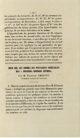 Note sur les sommes des puissances semblables des n premiers nombres entiers.