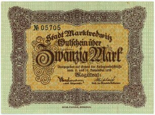 Geldschein / Notgeld, 20 Mark, Ausgabe auf Grund der Kollegienbeschlüsse vom 5.11.1918 und 15.11.1918
