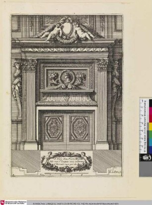 [Kaminentwurf mit geschlossenen Läden, darüber eine mit zwei lehnenden Putti dekorierte Kartusche; Cheminée dont l'âtre est clos de volets, encadrée de pilastres cannelés]