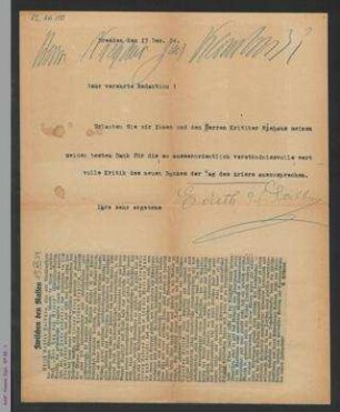 Brief von Edith Gräfin Salburg an eine Redaktion, hs.
