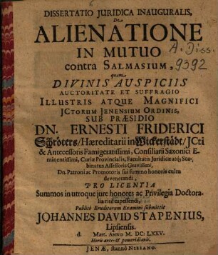 Dissertatio Iuridica Inauguralis, De Alienatione In Mutuo : contra Salmasium