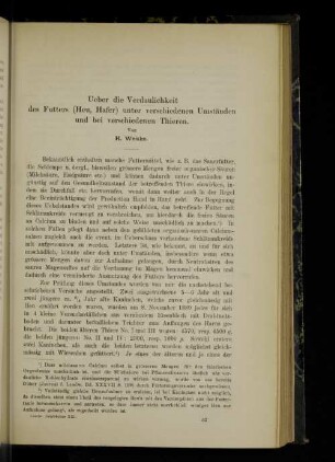 Ueber die Verdaulichkeit des Futters (Heu, Hafer) unter verschiedenen Umständen und bei verschiedenen Thieren