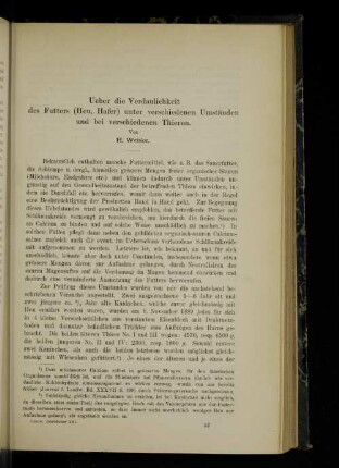 Ueber die Verdaulichkeit des Futters (Heu, Hafer) unter verschiedenen Umständen und bei verschiedenen Thieren