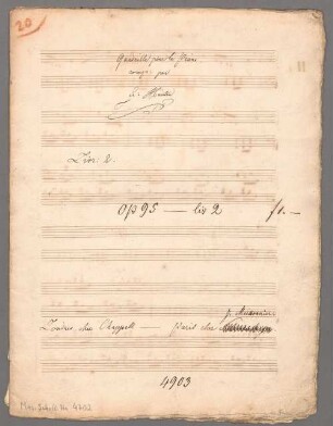 Les jeunes compagnes: livre 2, pf, fl (vl), op. 95/2, G-Dur - BSB Mus.Schott.Ha 4702 : [title on p. 1:] Quadrille pour le Piano. // comp: par // Fr. Hünten // Livr: 2. // [publisher's addition: op: 95 - liv 2 f 1.-] // Londres chez Cappell - Paris chez [crossed out: Schonenberger] J. Meissonnier