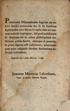 Diss. log. de valore sensus communis naturae tanquam criterio veritatis