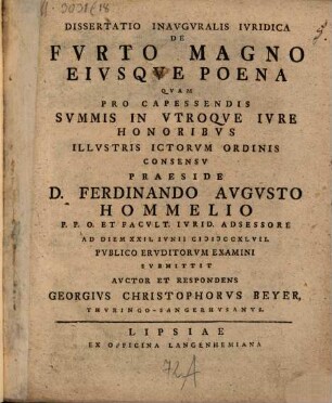 Dissertatio Inavgvralis Ivridica De Fvrto Magno Eivsqve Poena