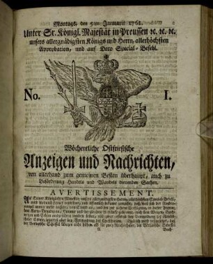 No. 1. Montags, den 5ten Januarii 1761.