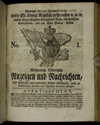 No. 1. Montags, den 5ten Januarii 1761.