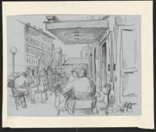 Kreidezeichnung von Karl-Heinz Klingbeil: Außenbereich eines Cafés (1978)