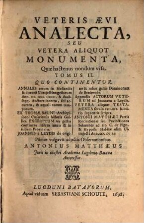Veteris Aevi Analecta Seu Vetera aliquot Monumenta, Quae hactenus nondum visa, 2
