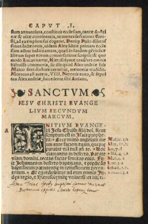 Sanctum Iesu Christi Evangelium Secundum Marcum.