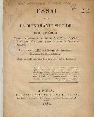 Essai sur la monomanie suicide : Thèse de Paris