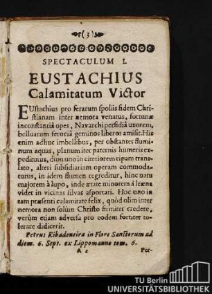 Spectaculum I. Eustachius Calamitatum Victor.