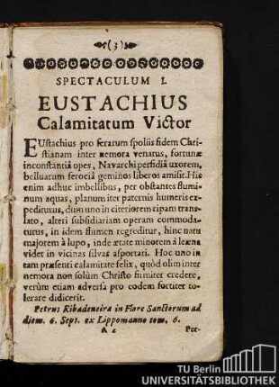 Spectaculum I. Eustachius Calamitatum Victor.