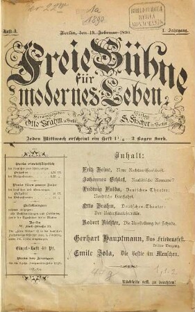 Freie Bühne für modernes Leben. 1. 1890, 1 - 2