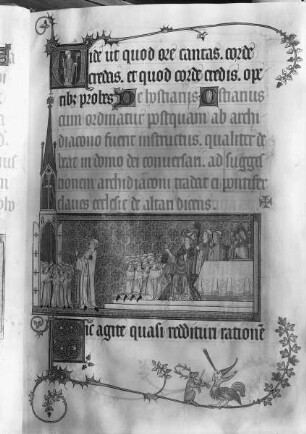 Pontifikál Renauda (Reginarda) z Baru / Pontifikál Karla Lotrinského / Pontifikale des Rainald von Bar / Pontifikale de Renaud de Bar — Ordo de VII gradibus ecclesiasticis, De hostiariis, Übergabe des Schlüssels, Folio 14r