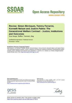 Review: Simon Birnbaum, Tommy Ferrarini, Kenneth Nelson and Joakim Palme: The Generational Welfare Contract - Justice, Institutions and Outcomes