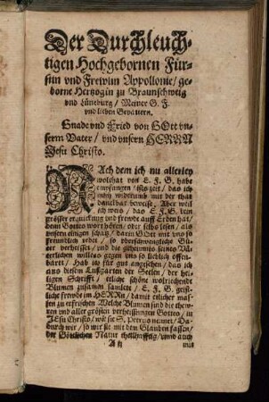 Der Durchleuchtigsten Hochgebornen Fürstin und Frewlin Appollonie/ geborne Hertzogin zu Braunschweig und Lüneburg [...]