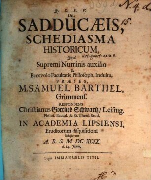 De Sadducaeis schediasma historicum