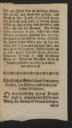 Christliches Gebet eines frommen Kindes, bey Lesung und Gebrauch dieses Büchleins