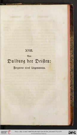 XVIII. Von Duldung der Deisten: Fragment eines Ungenannten