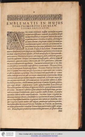 EMBLEMATIS IN HUJUS TOMI PRIMORDIO LUCULENTISSIMA EXPLICATIO.