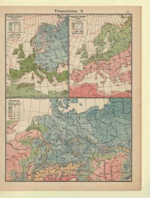Linien gleicher Temperatur (Isothermen) der Luft im Januar, Linien gleicher Temperatur (Isothermen) der Luft im Juli, Mitteleuropa: Wirkliche mittlere Jahrestemperatur