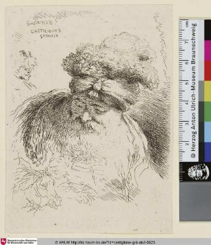 Un vieillard à grande barbe, vu de face, et baissant la tête et les yeux [Nach unten geneigter Kopf eines alten Mannes mit orientalischem Turban mit Federschmuck]