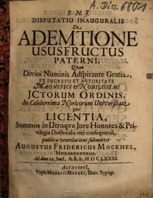 Disputatio Inauguralis De Ademtione Ususfructus Paterni