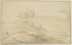 Hügelige Landschaft mit Hirt und Kuhherde