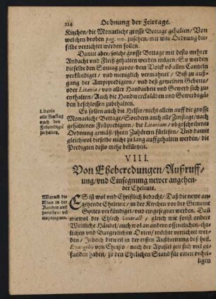 VIII. Von der Eheberedungen/ Außruffung/ und Einsegnung newer angehender Eheleute.