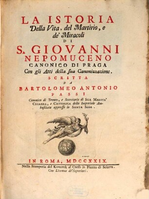 La Istoria della Vita ... di S. Giovanni Nepomuceno