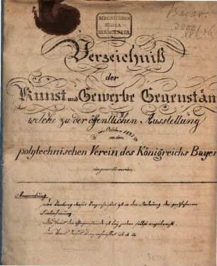 Verzeichniß der Kunst- und Gewerbe Gegenstände, welche ... 1827 an den polytechnischen Verein des Königreichs Bayern eingesandt wurden