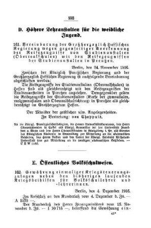 Gewährung einmaliger Kriegsteuerungszulagen neben den bisherigen laufenden Kriegsbeihilfen für Volksschullehrer und -lehrerinnen : [E. Öffentliches Volksschulwesen]
