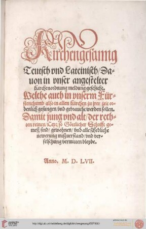 Kirchengesanng Teutsch vnd Lateinisch, Dauon in vnser angestelter Kirchenordnung meldung geschicht