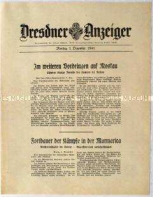 Nachrichtenblatt "Dresdner Anzeiger" u.a. zuschweren Verlusten der Sowjetunion bei Rostow, Artellerietätigkeiten bei Tobruk